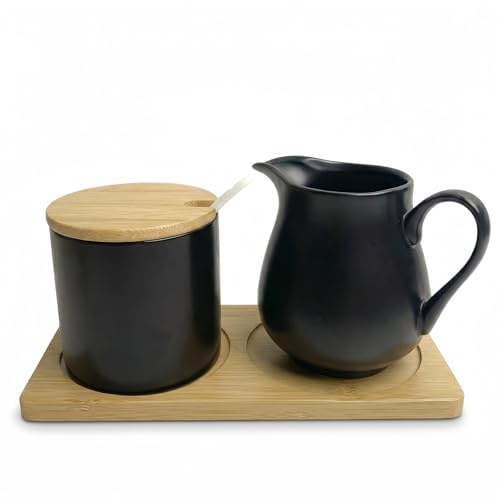 Ceramic Sugar and Creamer Set with Lid Spoon and Wooden pallets | Ceramic Coffee Bar Accessories, Cream Jug Sugar Jar, for Home Milk Coffee, Coffee Serving Set (Black)