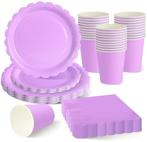 ZblPyro 120pcs Lilac Party Plates Cups and Napkins for 30 Guests | 7-inch & 9-inch scalloped plates, cups, napkins, baby shower for girl, spring wedding, christening
