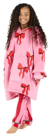 OHS Blanket Hoodie Bow Print, Gifts for Girls Teen Hooded Blanket Super Soft Warm Sherpa Fleece Throw Wearable Blankets Sweatshirt Big Pocket Oversized Hoodie, Pink/Red