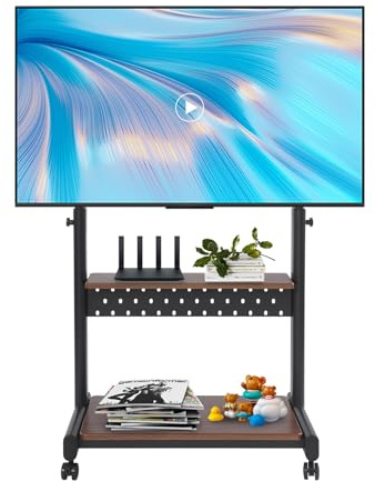 Rolling TV Stand with Wheels,Height Adjustable 42.7-50.6 inch Mobile TV Cart for 43-86 inch Flat Screens,Movable TV Table Stand with Storage Shelf & Perforated Board for Accessories,Black Brown Finish