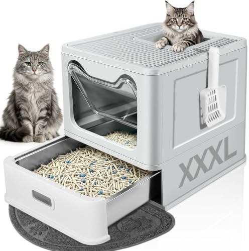 Large Cat Litter Tray,Enclosed Stainless Steel Cat Litter Tray,Odor Control | Cat Litter Box with Scoop & Mat, Drawer Design, Easy to Clean, Smell Free, Suitable for Small, Medium and Large Cats