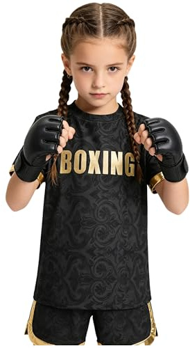 Linyuir Bambini Maglietta Bambina Leone Boxe Rosa Short E Maglia MMA Tshirt Bambino Maglia Muay Thai Asciugatura Rapida Tank Top Boxing Boxe Nero 11-12 Anni