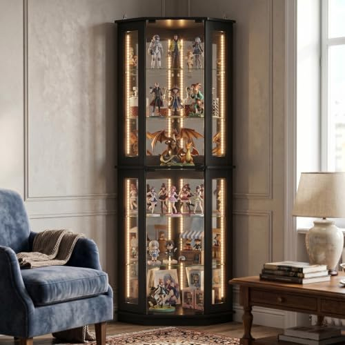 DEZAGCE 170cm Black Corner Glass Display Cabinet with LED Lighting | With remote‑controlled 7‑colour LED lights,4 mirror back panels,5‑tier tempered‑glass storage with magnetic catches.
