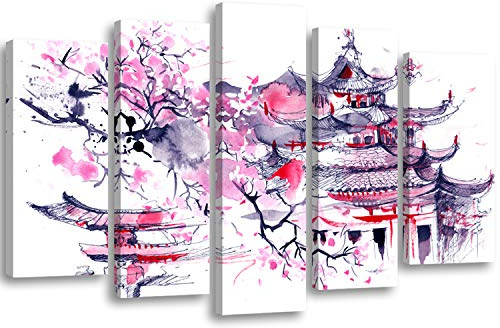 Feeby Bilder Japanischer Kirschbaum 150x100 cm - 5 Teile Modern Wand Bild Wandbilder Kunstdruck Bild auf Leinwand Wandekoration Design Wohnzimmer Schlafzimmer Büro Flur Natur Abstrakt Lila