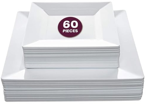 Aya's 60ct Square Plastic Disposable Plates, White - 9.5-Inch 30 Dinner and 6.5-Inch 30 Salad Plates for Party - Heavy-Duty Hard Plastic Design for Wedding, Event, Christmas, and Thanksgiving