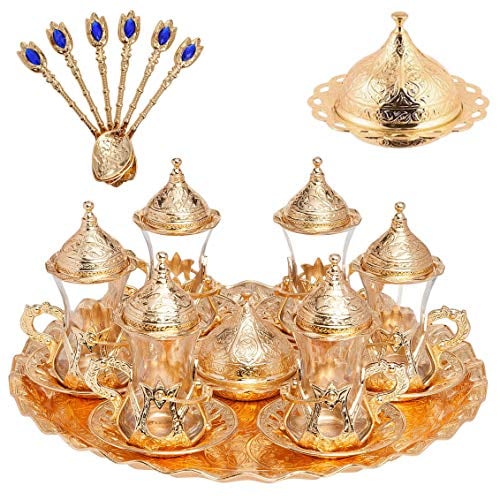Alisveristime Handmade Turkish Tea Water Zamzam Serving Set Glasses Saucer, Tray and Spoon (Gold)