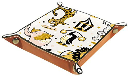 ZORE_FINE5 Faltbares Würfelspiel-Tablett aus Leder, quadratisch, für Schmuck, Schlüssel, Münzen, Süßigkeiten, 14,5 cm, Cartoon-Zirkus-Tiere, Löwe, Tiger, Pinguin, lustig