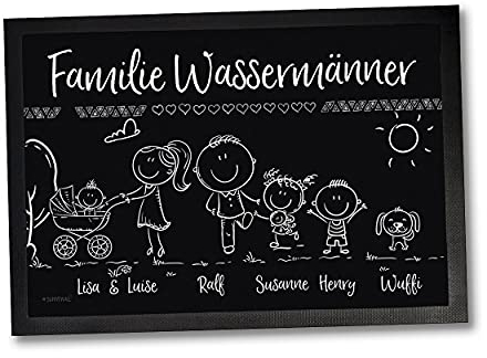 Fußmatte - Willkommen Familie - Kinder, Eltern, Oma, Opa, Hund Katze Personalisiert mit Strichmännchen und Wunschname (75 x 50 cm Gr3)