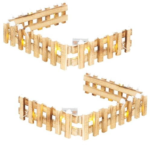 URBNLIVING Pre Lit LED Light Up Wooden Snow Topped Christmas Tree Picket Fence | Xmas Tree Skirt Stand Border Fence Decoration (2, 90cm L x 2cm D x 10cm H)