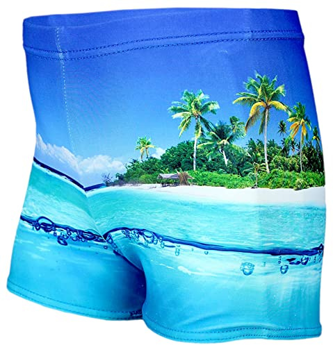 Aquarti Badehose mit Motiv – Schwimmhose Jungen Enganliegend, Badehosen für Jungen Schnell Trocknend, Farbe: Insel Meer/Blau, Größe: 134