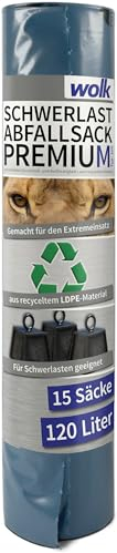 Schwerlast-Abfallsack Premium aus Recyling- LDPE - Stärke: 70 µ - Volumen: 120 l - 15 Stück (1 Rolle) - BxH: 70,0 x 110,0 cm - Blauer Sack für Garten, Baustelle & Betrieb