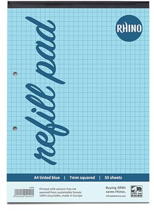 RHINO A4 Refill Pad, Writing Pad, 100-Page / 7mm Squared, 6-Pack, Blue Squared Writing Paper for Dyslexia & SEN, Office & School Stationery Supplies