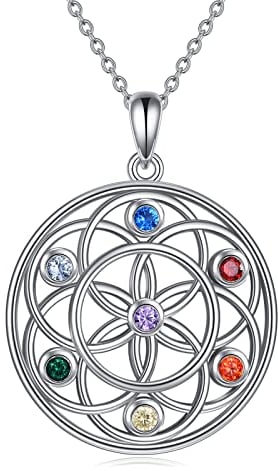 YFN Blume des Lebens Halskette Sterling Silber 7 Chakra Heilung Anhänger Kette Spiritual Yoga Schmuck Lebensblume Geschenke für Damen Mädchen