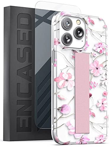 Encased Hand Strap Case Designed for iPhone 14 PRO MAX Case with Finger Grip Loop and Screen Protector (Pink Flowers)
