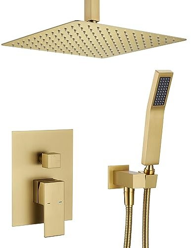 Artiqua Shower System 12 Inch Rain Shower Combination Set Brushed Gold Ceiling Mount Shower Fitting Bathroom Fittings with Rain Shower Head and Hand Shower