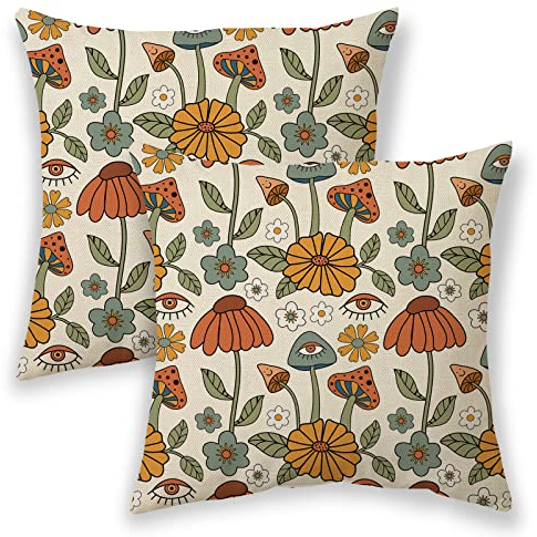 BETGINY Kissenbezüge für den Außenbereich, 45.7x45.7 cm, Retro-Boho-Blumenmuster, dekorative Kissen für Couch, 70er-Jahre, Vintage, abstrakte Pflanze, Leinen, Dekoration, Kissenbezug, Auto, Safa