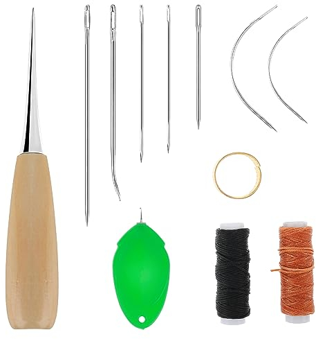 simarro 12 Stück Leder Nähnadeln, Ledernadeln Hand Werkzeug Set Gebogene Polsternadeln mit Bohr-Ahle Gewachstem Faden Hand-Nähnadeln und Fingerhut für Leder Teppich Matratzen Reparieren