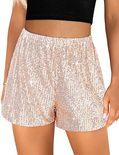 luvamia Pailletten-Shorts für Damen, trendig, hohe Taille, dehnbar, glitzernd, glitzernde Shorts, Urlaubsparty-Outfits, Roségold, Klein