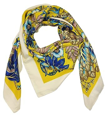 FOX-TECH Bandana Damen Kopftuch Quadrates Bedrucktes Halstuch Satin Seidentuch Schal 90 x 90 cm (Gelb Blumen)
