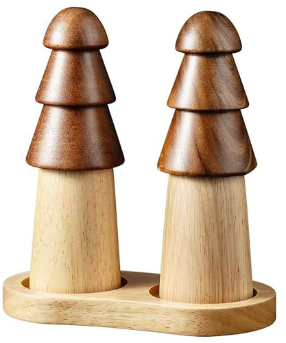 BAILEYU Holzsalz und Pfeffermühle Set mit Tablett Baumform Manuelle Pfeffermühle Salzstreuer Einstellbare Grobheit Gewürzglas,15.5cm