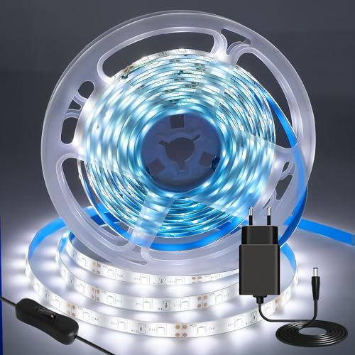 iNextStation Striscia LED Bianco 6000K 5M, 12V SMD2835 Nastro LED con Adattatore e Interruttore, Tagliabile Flessibile IP65 Impermeabile Strisce Luci LED per Camera da Letto, Casa, Cucina, Feste