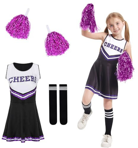 DAZZTIME Cheerleader Kostüm Kinder,Cheerleader Kostüm Damen,Cheerleadering Outfit Mädchen,Kinderkostüm Cheerleader,Kinder Cheer Outfit mit Pompoms Socken,für Karneval Halloween,Fasching,Mottoparty.