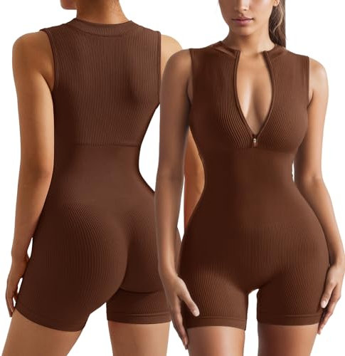 Xunerloy Jumpsuit Damen Kurz Eng Ärmellos Sport Yoga Einteiler Bodysuit Overall Bodycon Romper Sommer V-Ausschnitt Gerippte Sportanzug Trainingsanzug Shorts Outfits Braun L