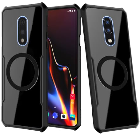 MeiyueEr Magnetische Hülle für OnePlus 7,Kompatibel mit MagSafe Autohalterung,Vergilbungsbeständig,Hohe Auflösung Transparent Stoßfest Militär Schutzhülle für 1+7, Clear Schwarz
