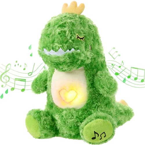 Baby-Soundmaschine, beruhigender Otter, tragbarer Plüsch-Baby-Schlafschnuller mit sensorischen Details, Musiklichtern und rhythmischen Atembewegungen, Geschenk für Babypartys (grüner Dinosaurier, 30 x