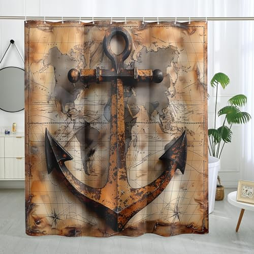 DESIHOM Duschvorhang-Set, Vintage-Anker, nautisches Thema, Weltkarte, Duschvorhang, Schiffsroute, Badezimmer-Dekor, Polyestergewebe, 183 x 198 cm
