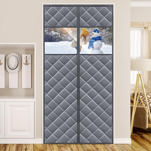 Mit Sichtfenster Magnet Wärmeschutzvorhang für Türen 90x210cm, Thermovorhang Tür, Wasserdicht, Winddicht, Kein Bohren Erforderlich, Geeignet für Schlafzimmer, Drinnen und Draußen-Dunkelgrau
