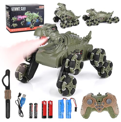 Euakee Coche Teledirigido Niños, 8WD 2.4 GHz Monster Truck con Control Manual, RC Stunt Car con Luz LED, Música y Sprays, Dinosaurio Juguete y Regalo para Niños 6 7 8 9 10 11 Años Niño