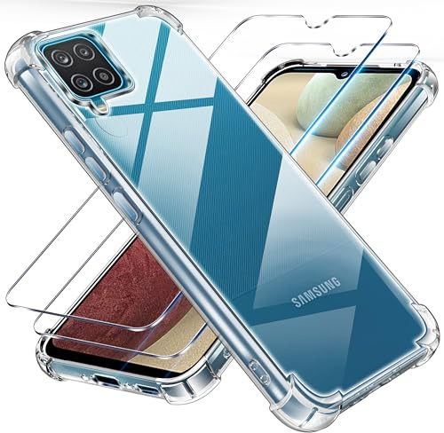 Tentoki 3 en 1 Verre Trempé et Coque pour Samsung Galaxy A12 5G / M12, [Coussin d'air Intégré] Anti-Jaunissement Souple TPU Bumper Coque Protection pour SamsungM12 / SamsungA12 5G, Transparente