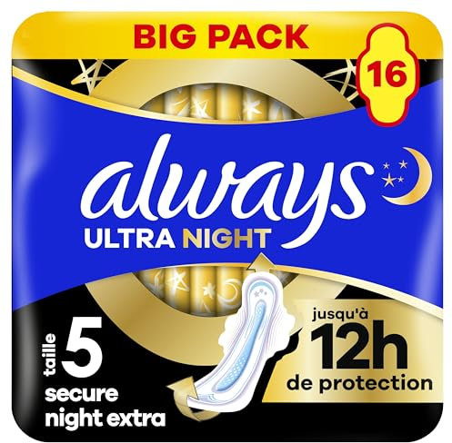 Always Ultra Serviettes Menstruelles Secure Night Extra (taille 5) Avec Ailettes 16 Serviettes, Super Absorbantes Et Ultra-Fines, Pour Règles