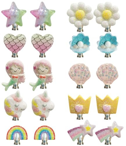 EIHI 10 Paar Ohrclips für Mädchen und Kinder - Clip Ohrringe Set mit Einhorn, Blumen und Prinzessin Motiven - Zum Klipsen