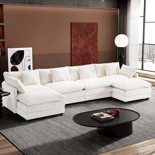 Ihanherry 146 U-Shaped Modern Sofa Modular Sectional Cloud Couch with 2 Ottoman, 6-Seat Chenille Deep Seat Sofa with 6 Pillows for Living Room, Bedroom and Apartment, Beige