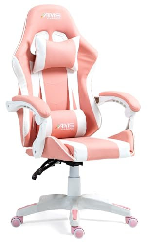 AMS-GAMING Silla Gamer#02-Pink Color negro y rosa – Cojín lumbar y reposacabezas – Asiento para juegos