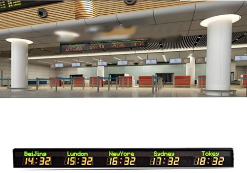 LZDOYY Weltzeitzonenuhr, Digitale LED-Vollfarbuhr mit Mehreren Zeitzonen, Weltzeit-Wanduhr für 3/4/5/6 Städte, Helligkeitseinstellung, für Hotels/Unternehmen/Flughäfen,5time