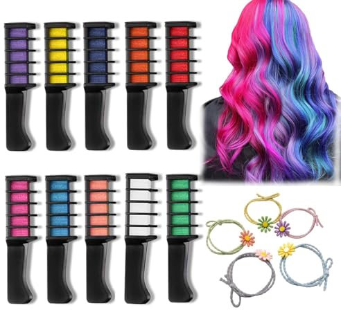 10 Stück Haarkreide Für Mädchen Set, Haarkreide Für Kinder 5 Haarseile, Mini-Haarfärbekämme, Haarkreide Kamm, hair chalk für Partys Clubbing Festivals Cosplay Oder Andere Anlässe