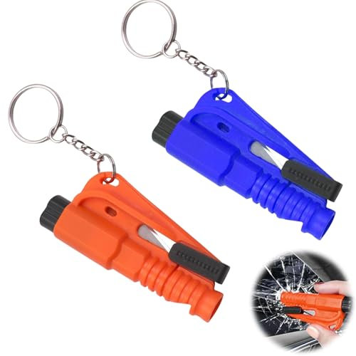 Ruzister Lot de 2 porte-clés d'urgence 3 en 1 avec brise-vitre et coupe-ceinture, marteau de sauvetage pour voitures, portable et facile à utiliser, en orange et bleu