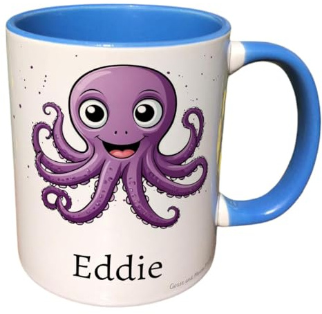 Personalised Octopus Mug, Gift for Marine Life Lover, Thank you Present for Sea Life Owner, Housewarming Coffee Cup, Country Style Kitchenware (Pink)