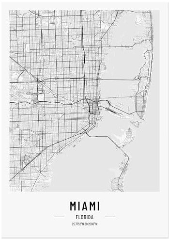 JUNOMI® Miami Poster 50x70 cm Wohnzimmer Deko, Modernes Wandbild, Miami Bild, Wandbild ohne Rahmen, Stadtplan Poster Miami, perfekte Geschenkidee für Miamier