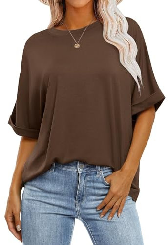 Cuptacc Oberteile Damen Sommer Tshirt Damen Oversize Shirt Damen Rundhals Basic Tank Tops Kurzarm Tunika Elegant Dunkelbraun XXL 50-52