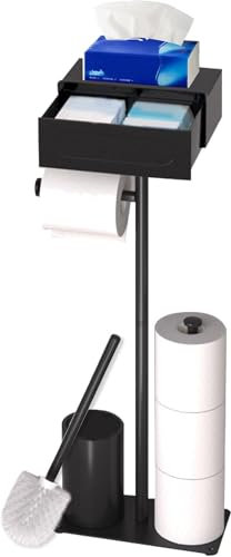 Standing Toilet Roll Holder with Toilet Brush, Stainless Steel Toilet Paper Holder with Wet Wipes Box, Toilet Set with Toilet Roll Holder Standing and Toilet Brush (Black)