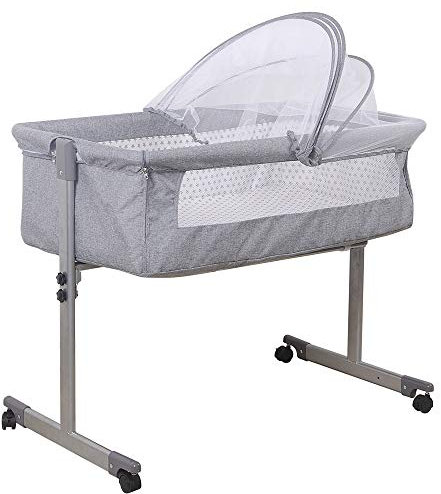 WODFARR Lit Cododo Bébé 2 en 1, Berceau Cododo avec Matelas et Moustiquaire, Berceau Bébé, Capacité de Charge 50KG, Réglage de la Hauteur (96 * 57 * 77cm, Gris)