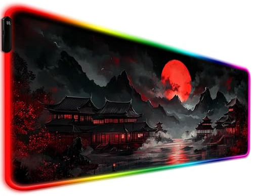 RGB Japanese Dreamy Lakescape Full Moon Gaming Desk Mat, Computer Keyboard Large Extended Long LED Mouse Pad for Office and Home, XL (W07)