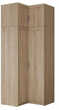 Mirjan24 Eckkleiderschrank Elena 2D mit 5 Einlegeböden, Drehtürenschrank mit Kleiderstange, Kleiderschrank für Schlafzimmer oder Flur (Sonoma Eiche, Mit Schrankaufsatz)
