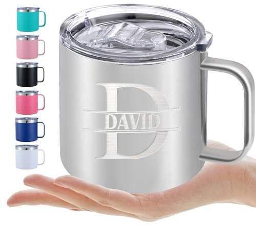 ShAxzHen Tazza da caffè isolata personalizzata in acciaio inox con testo iniziale inciso, tazze da viaggio con coperchio con manico, regalo personalizzato per donne e uomini, 396,9 g, 340,2 g