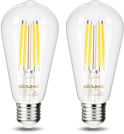 DiCUNO Ultraeffiziente E27 LED Lampe 5,3W, 1120lm, Neutralweiß, 2er Pack | ST58 LED Filament, 4000K, Energieeffizienzklasse A, Ersetzt 80W, superhell, Klar Edison Birne, nicht dimmbar