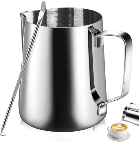 Hao Zhu Milk jug, 350ml/12oz Stainless Steel Milk Frothing jug & Latte Pen | milk frothing jug & latte pen, 304 stainless steel cup, dripless spout, rust-proof, clear marks, for home baristas, silver.